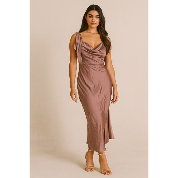 Bari Jay Satin Shoulder Tie Cowl Neck Midi Dress Mauve Pink XL Cocktail Event - Picture 1 of 6